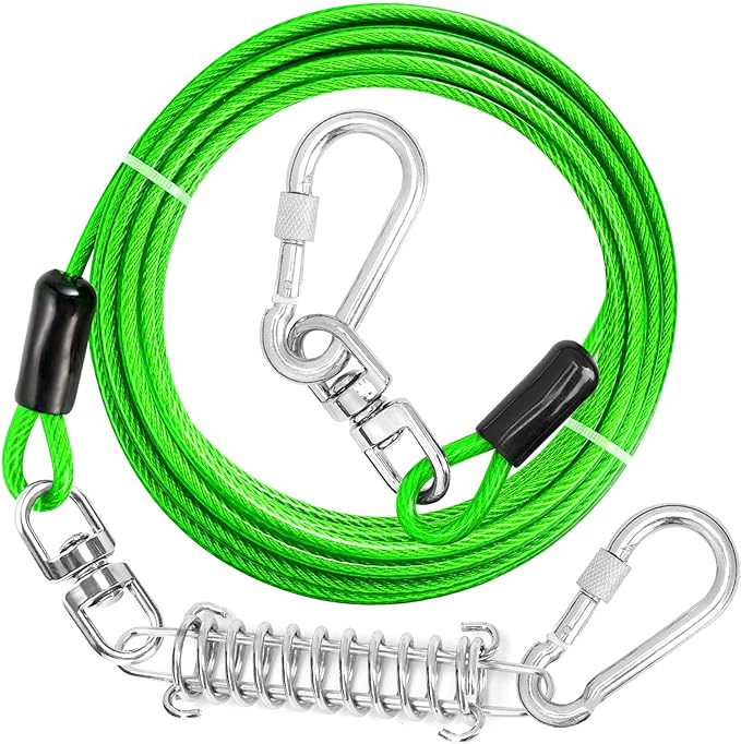 Jenico Dog Tie Out Cable - 10/15/20/30/40/50/70/100/150FT Runner Cable with Swivel Hook and Shock Spring, Outdoor and Camping Dog Leash Run Tether for Small to Medium Pets Up to 500 LBS