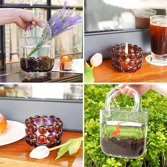 5LB Amber Flat Glass Marbles for Vases, Gemstone Beads Vase Filler Decorative Glass Pebbles for Fish Tank, DIY Crafts, Autumn Centerpieces, Aquarium Decor Rocks