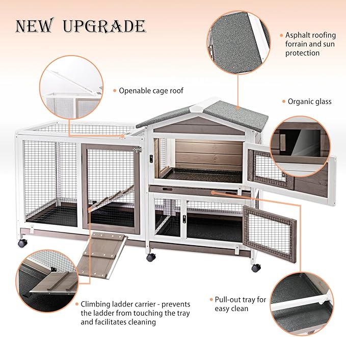 57" L Rabbit Hutch Indoor Outdoor 2 Story Large Bunny Hutch with Run Guinea Pig Cage Wooden Rabbit Cage with Removable 3 Pull Out Trays Pet House for Small-Medium Animals