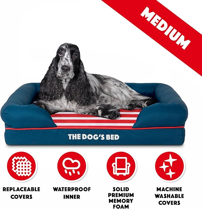 The Dog’s Bed, Medium Blue Oxford with Red Trim USA Flag Dog Bed with Central Flag 30x23.5, Memory Foam, Pain Relief, Post Surgery, Waterproof Washable Cover Cover, Veterinary Approved