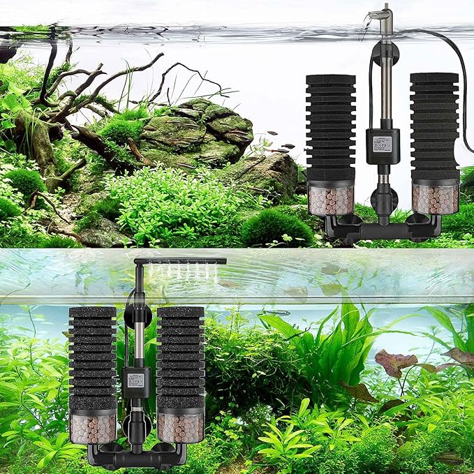 Upgrade Aquarium Electric Power Sponge Filter with Submersible Pump ，Ultra-Quiet Motor with Bio Ceramic Media Balls and 2 Spare Sponge (L for 20-55 Gal)