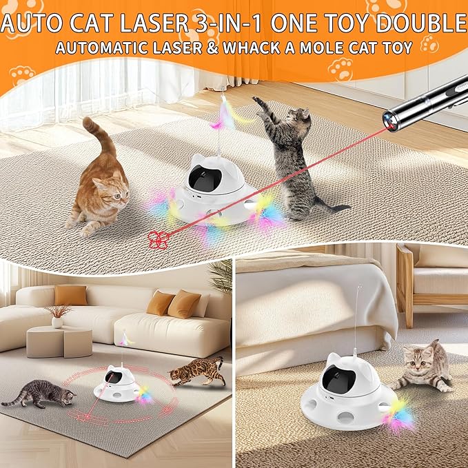 Cat Laser Toy,Automatic Laser cat Toy 3-in-1 Interactive Automatic Motion Activated Moving 6 Holes Whack A Mole Feather, USB Rechargeable Electronic Smart Sensor Kitten Toys for Indoor Exercise
