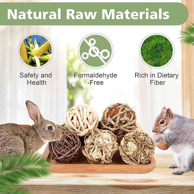 VESPRO Bunny Chew Grass Balls, (8 Pcs) Rolling Chew Toys for Small Animals, Natural Chew Grass Toys and Bunny Treats for Rabbits, Guinea Pigs, Chinchillas, Hamsters, Mice Teeth Grinding
