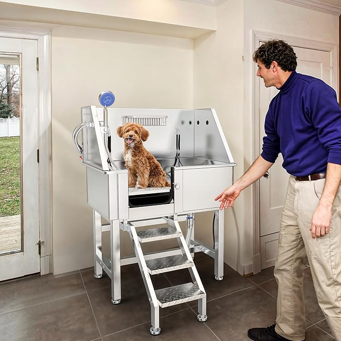 YITAHOME Dog Grooming Bathtub 38in, Professional 304 Stainless Steel Dog Bathing Station Tub w/Left Stairs, Faucet, Floor Grate, Pet Washing Station for Small, Medium, Indoor, Outdoor