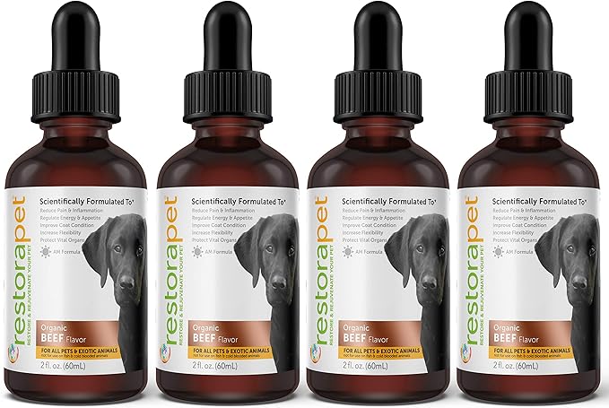 RestoraPet 4-Pack Dog & Cat Beef Liquid Multivitamin | Dog Arthritis Pain Relief | Hip & Joint Vitamins for Dogs - Anti Inflammatory Supplement for Dogs & Cats | Organic & Non-GMO, Vet Approved
