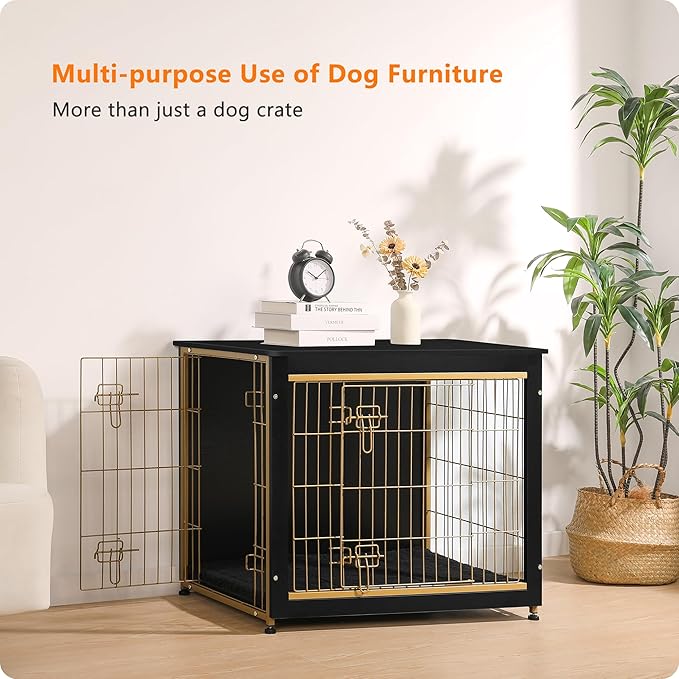 DWANTON Dog Crate Furniture with Cushion, Wooden Kennel Table with Double Doors, Indoor Dog House, Medium Size, 32.5" L, Black+Gold