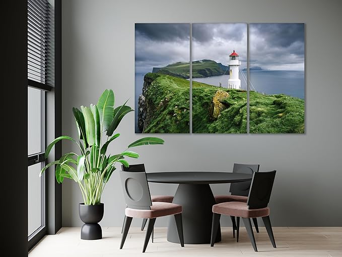 Nature Wall Art Prints - Ocean Forest Mountain Lake Canvas Landscapes - Small to Extra Large Living Room Bedroom Kitchen Bathroom Décor (Stormy Sky Lighthouse, 55L" x 83W"- 3 Panels)