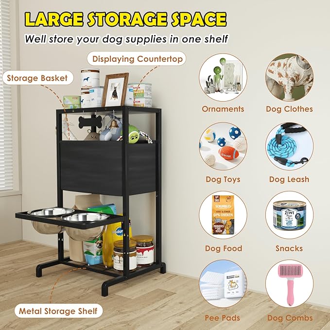 Elevated Dog Bowls, Height Adjustable Raised Dog Bowl Stand (4.5'' to 12''), Organizer Bowl Holder for Large Medium Dogs