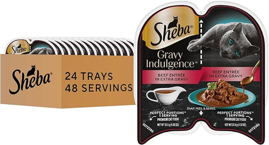Sheba Gravy Indulgence Adult Wet Cat Food Beef Entree in Extra Gravy, 2.6 oz. Twin-Pack Trays (24 Count, 48 Servings)