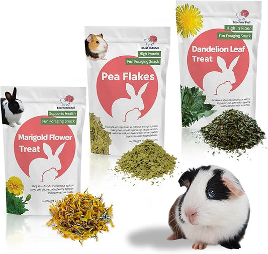 Snout and Shell Small Animal Treats – Pea Flakes, Dandelion Leaf (1oz), Marigold Flowers (0.5oz) – Natural Foraging Snacks for Rabbits, Guinea Pigs, Chinchillas, Hamsters & More