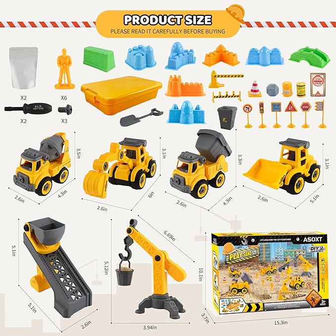 Asoxt 43-Piece Construction Sensory Playset – 2 lbs Play Sand, 4 DIY Trucks, Crane & Road Signs – Creative Sandbox Toy for Kids Ages 3+