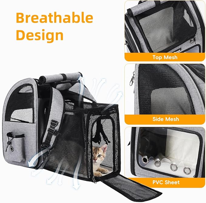Hoopet Expandable Cat Backpack Carrier – Breathable Pet Carrier for Small Cats & Dogs, Foldable Travel Backpack with Mesh Ventilation for Hiking, Walking, Camping, Light Grey