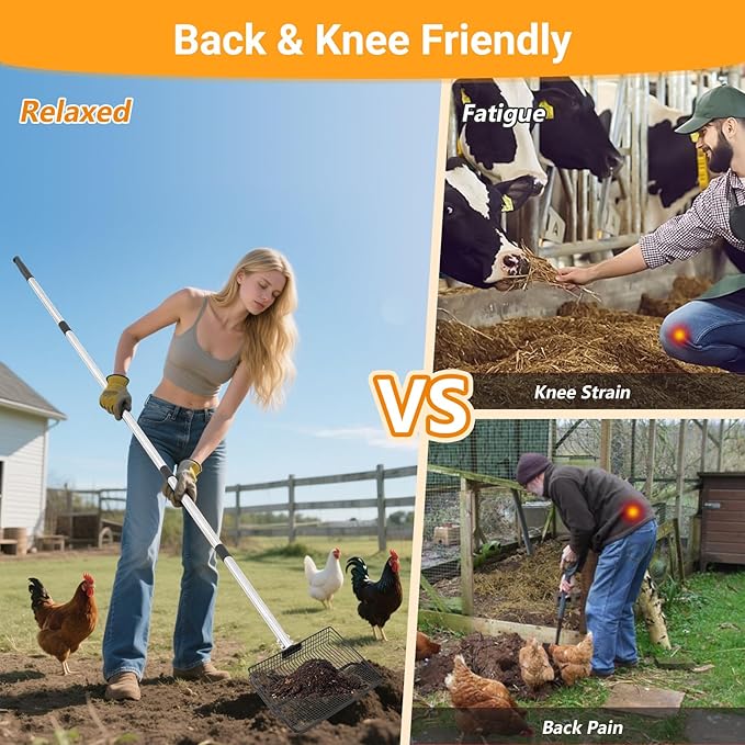 Large Metal Chicken Poop Scooper, 36 to 75" Adjustable Long Chicken Coop Litter Scoop with Stainless Steel Handle, Durable Sand Sifting Litter Shovel for Chicken Coops & Small Farm Animals