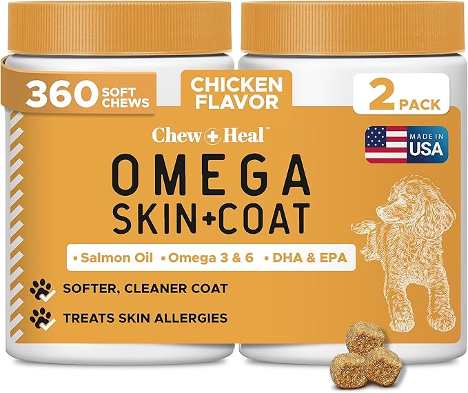 Omega 3 Fish Oil for Dogs -360 Soft Chew Omega Treats for Skin and Coat -Salmon Oil Blend of Essential Fatty Acids, Vitamins, Antioxidants, Minerals -Made in USA (2 Packs of 180, Chicken Flavor)