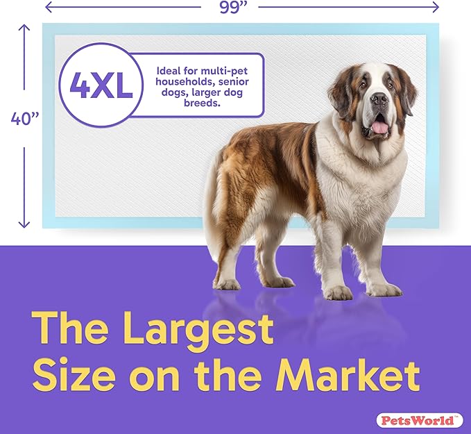 PETSWORLD Mega-Sized Dog Pee Pads (40" x 99") – 4XL Gigantic Pet Piddle Pads for Puppy Training, Incontinence – with Adhesive Sticky Tape – Leak Proof, 5-Layer Protection (10 Count)