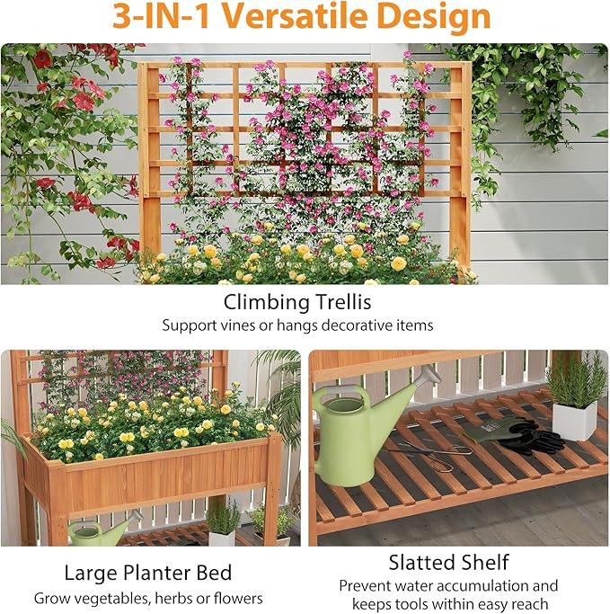 Giantex Raised Garden Bed with Trellis, Wooden Elevated Planter Box with Legs, Drainage Holes for Climbing Plants Vines Vegetables Flowers Herbs, Outdoor Horticulture Planter for Patio Yard (Brown)