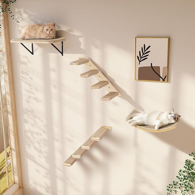 Curved Cat Wall Hammock with Scratchable Sisal Pad, Large Floating Cat Shelf for Wall, Wall Mounted Beige Bed for Playing, Climbing, and Sleeping