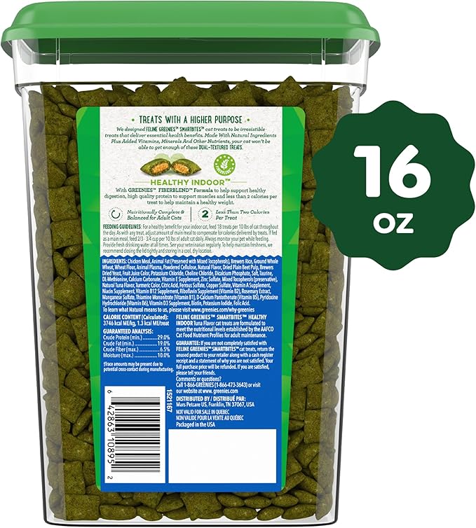 Greenies Feline Smartbites Healthy Indoor Cat Treats, Tuna Flavor, 16 oz. Tub