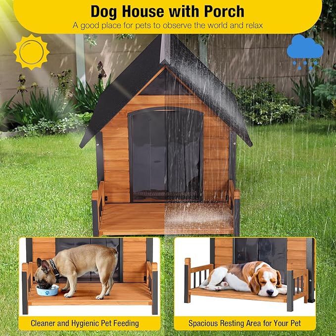Outdoor Heated Dog House with All-Around Insulated Liner Weatherproof Puppy Shelter Indoor Dog Kennel, Anti-Bite Dog Home for Large Breed with Porch (Brown-2, 50.8" D x 37.4" W x 37.2" H)
