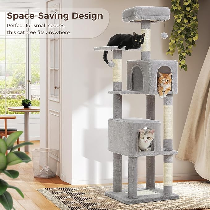 Cat Tree for Indoor Cats, 62-Inch Multi-Level Cat Tower with Scratching Posts for Large Cats, 2 Bigger Plush Condos, Padded Platform, Soft Cat Bed and Scratching Pad, 2 Pompoms, Gray