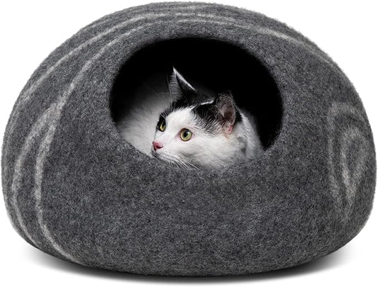 MEOWFIA Cat Cave – Premium Felt Cat Bed for Indoor Cats, Handmade 100% Merino Wool (Medium, Dark Grey)