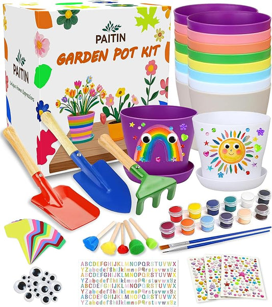 PAITIN Paint & Plant Garden Pot Craft Kit - 4 Inch Plant Pots, Kids Gardening Tools, Labels, Paints, Brushes, Gem & Eye Stickers - Perfect Spring Crafts Gifts for Women & Kids
