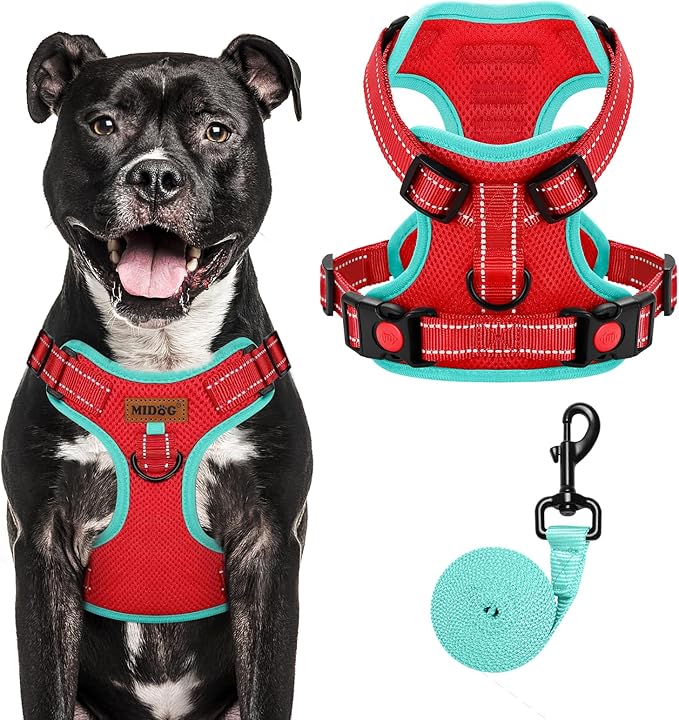 MIDOG No-Pull Dog Harness | Adjustable & Reflective Pet Harness Leash Set for Small Medium Large Dogs Walking, Training| No Choke, Front Clip, Soft Padded Vest with Easy Control Handle - Red, L