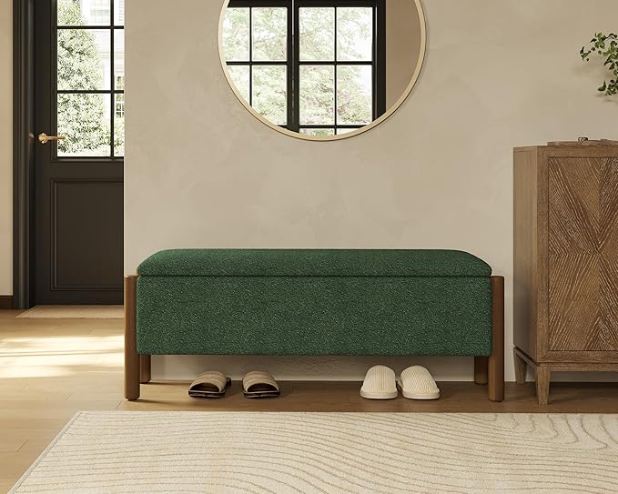 Storage Ottoman Bench, End of Bed Bench for Bedroom, 47" Boucle Upholstered Entryway Shoe Seat Benches, Holds up to 660 lb Storage Ottoman, Padded Blanket Chest Stool Foot Rest for Living Room Green