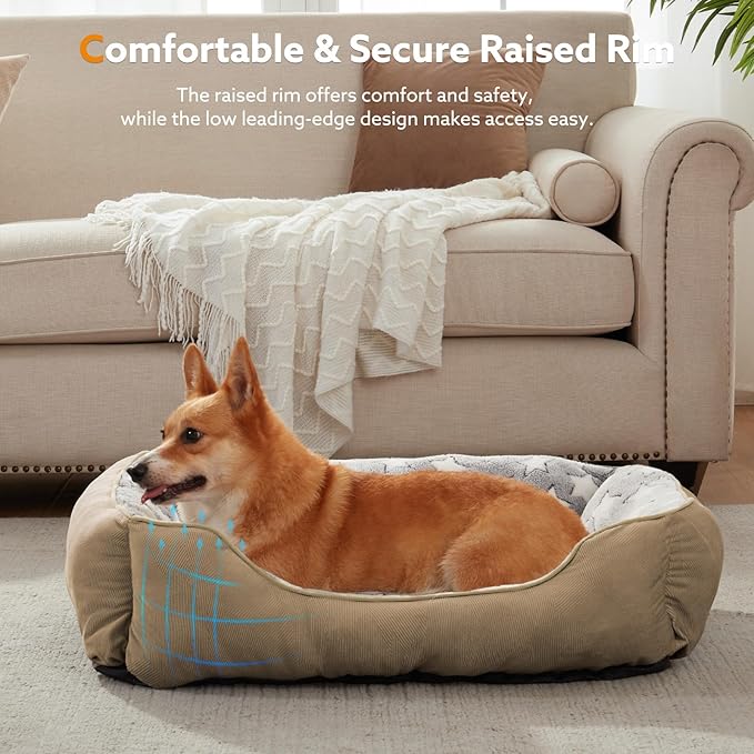 SIWA MARY Rectangle Dog Bed for Small Medium Dogs, Calming Dog Bed Small Size Dog, Orthopedic Dog Sofa Bed, Washable Soft Calming Sleeping Dog Soft Puppy Bed, Non-Slip Bottom, S (20"x 19"x 6"),Brown