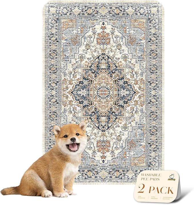 nunubaby Washable Pee Pads for Dogs, Stylish, Non-Slip and Leak-Proof Pee Pads. Reusable Potty Pads for Dogs for Crates and Floors.(Beige/Multi, 24" x36" )