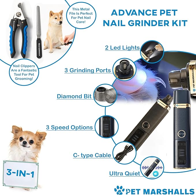 3-in-1 Cat & Dog Nail Grinder with Clipper & File, Quiet LED Trimmer, 3-Speed Pet Grooming Tool, Rechargeable 2000mAh Battery