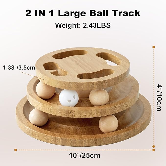 Cat Ball Track Toy with Puzzle Top, Wooden Cat Toys for Indoor Cats with Spinning Balls, Interactive Large Cat Ball Tower for Kitten Exercise Mental Physical