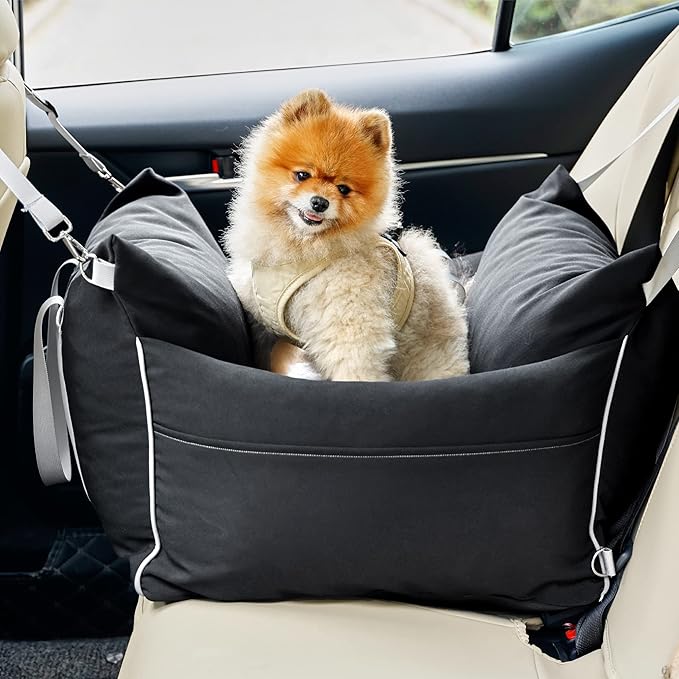 Lesure Small Dog Car Seat for Small Dogs - Waterproof Dog Booster Car Seat with Storage Pockets, Clip-On Safety Leash and Thickened Memory Foam Filling, Pet Carseat Puppy Travel Carrier Bed, Black