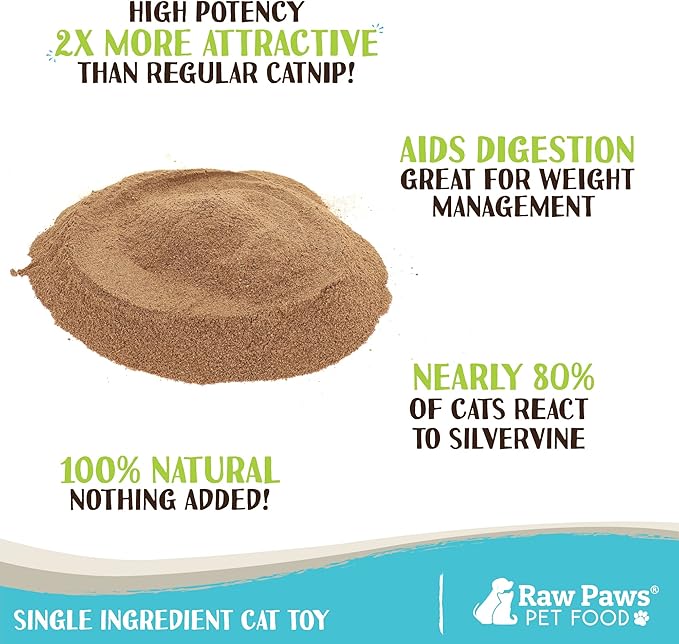 Raw Paws Silvervine Powder, 75 Grams - 2X More Attractive than Catnip for Cats, 100% Silver Vine Gall Fruit Powder, Matatabi Silvervine Cat Toy for Indoor Cats, Catnip Kitten Toys, Silvervine for Cats