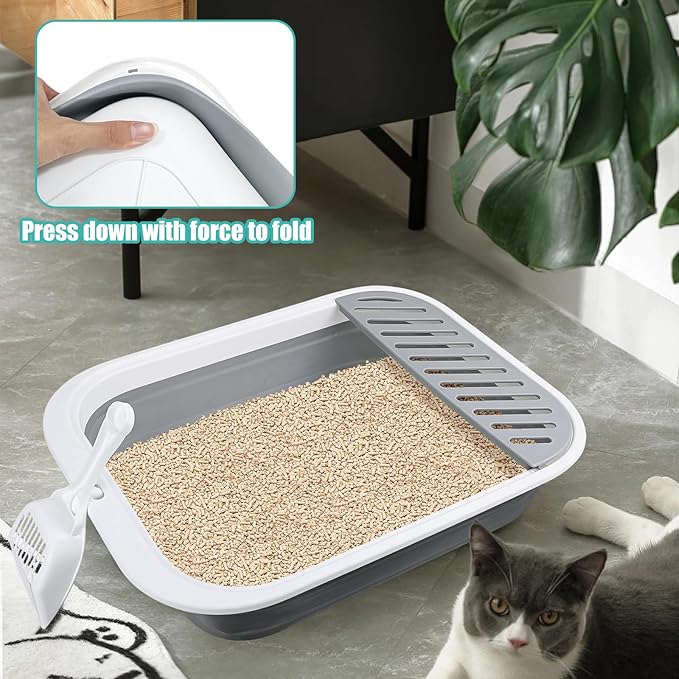 Cat Litter Box for Travel, 18"×14" Grey Small Litter Box for Open Foldable Waterproof Litter Pan,Kitty Litter Box Easy to Clean and Assemble, Portable Litter Box with Scoop