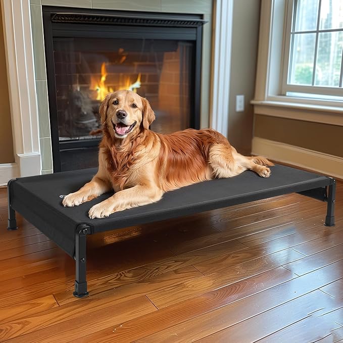 Veehoo Cooling Outdoor Dog Bed, Heavy Duty Elevated Pet Bed with Washable & Breathable Teslin Mesh, Non-Slip Silicon Feet, Dog Cot Bed with Support Hem, 47" x 29", Black, CWC2433
