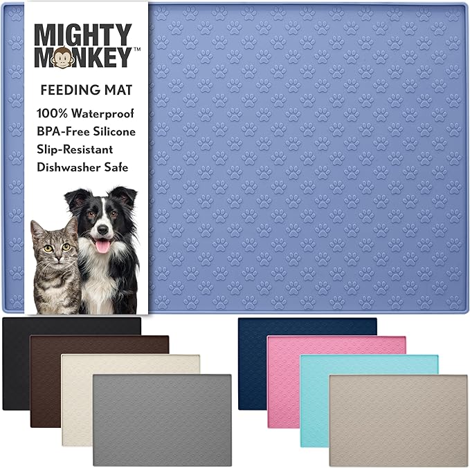MIGHTY MONKEY 100% Waterproof Dog Food Mat, Raised Edges Silicone Pet Feeding Placemat for Cat, Dogs, Pet Bowls, High Lipped Tray Prevents Water Spills, Food on Floor, Dishwasher Safe, 18x12, Lt Blue