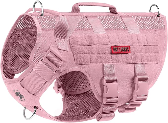 OneTigris Tactical Dog Harness for Small Dog, No Pull Small Dog Vest Harness with Handles Breathable Military Molle Vests for Walking Hiking Training (Pink, Large)