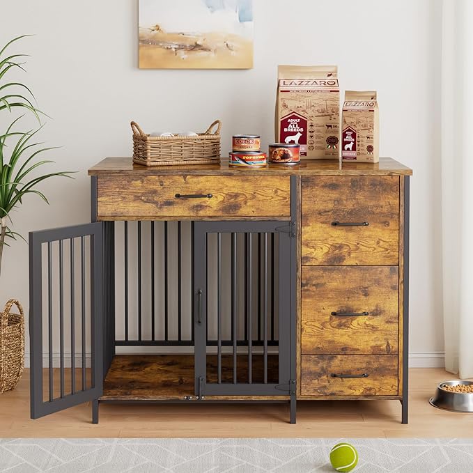 VECELO Dog Crate Furniture, 43 inch Wood Dog Crate End Table with Storage Drawers, Heavy Duty Dog Kennel Furniture Indoor, Rustic Brwon