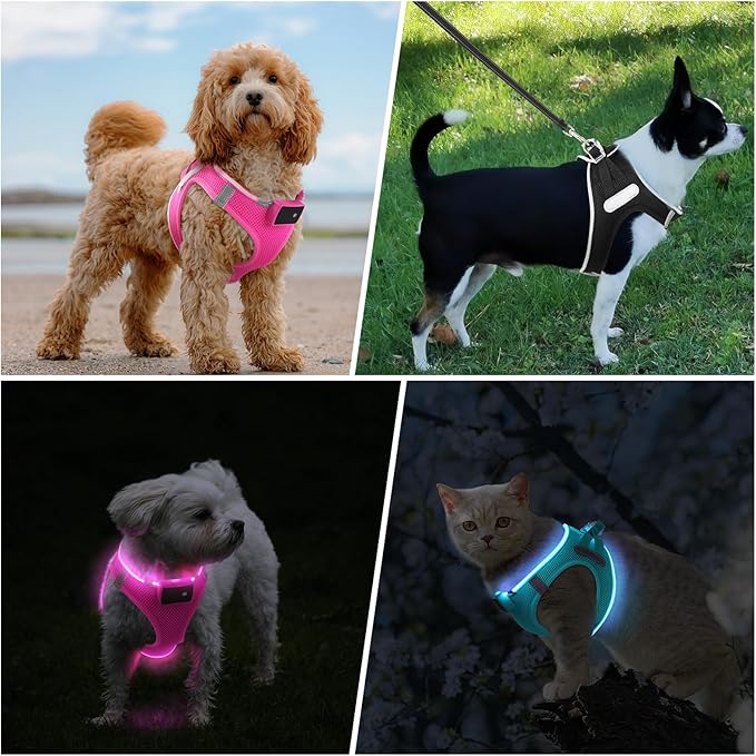 Pceotllar LED Dog Harness - Rechargeable, Flashing Light, No Pull, Reflective - Medium, Pink