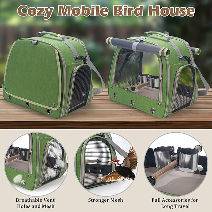Bird Carrier Parrot Travel Cage with Perch, Food Bowl, Tray and Breathable Clear Window, Bird Travel Bag for African Gray Cockatiel Caique Conure Quaker, for Vetting Camping Hiking (Green)