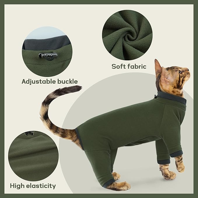 PUMYPOREITY Sticky Hair Cat Clothes, Prevent Hair Loss Cat Pajamas, Soft Cat Sweaters for Cats Only, Cat Hair Sticky Onesie, Cat Recovery Suit After Surgery, Green, S