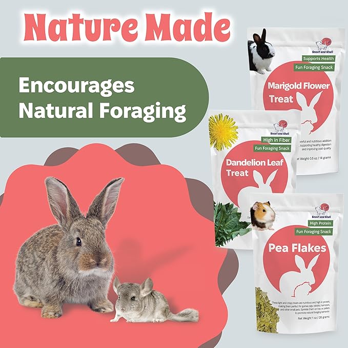Snout and Shell Small Animal Treats – Pea Flakes, Dandelion Leaf (1oz), Marigold Flowers (0.5oz) – Natural Foraging Snacks for Rabbits, Guinea Pigs, Chinchillas, Hamsters & More