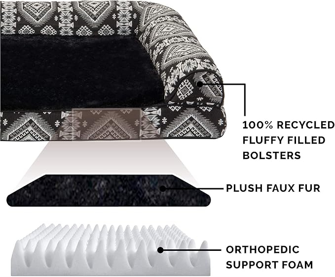 Furhaven Orthopedic Dog Bed for Large Dogs w/ Removable Bolsters & Washable Cover, For Dogs Up to 95 lbs - Plush & Southwest Kilim Woven Decor Sofa - Black Medallion, Jumbo/XL