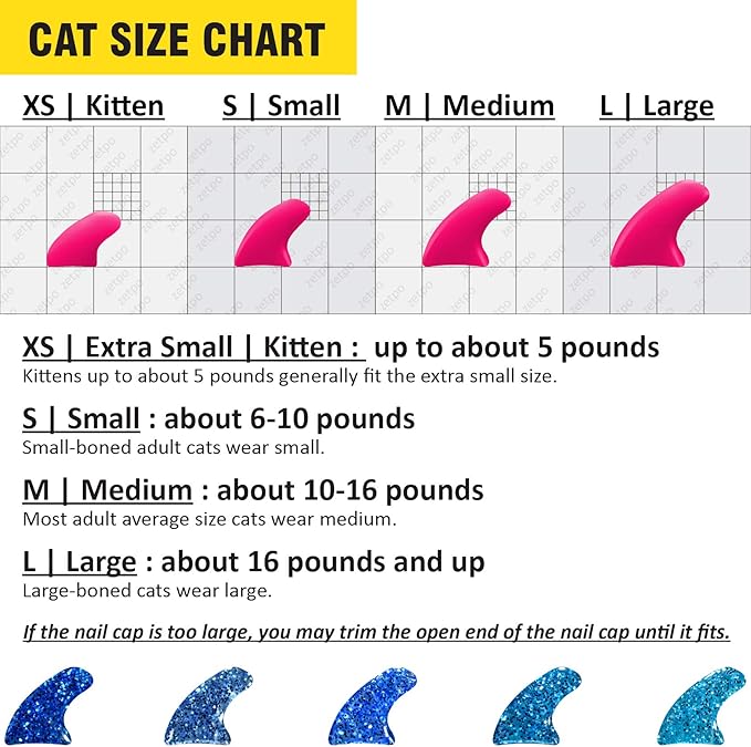 zetpo 100 pcs Cat Nail Caps | Cat Claw Covers | with Adhesives and Applicators (XS, 5X Blue Glitter Shades)