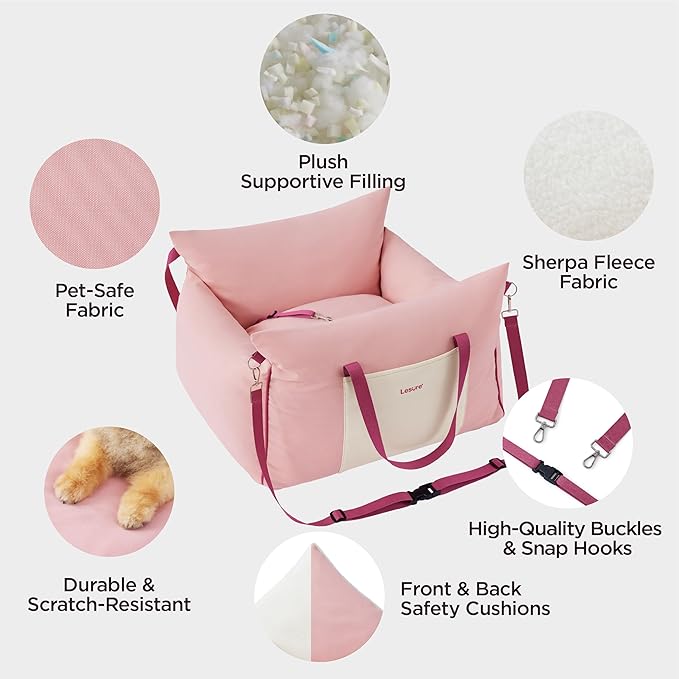 Lesure Small Dog Car Seat for Small Dogs -Soft Dog Booster Seat for Car with Storage Pocket and Clip-On Safety Leash and Thickened Memory Foam Filling, Pet Travel Carrier Bed Strawberry Cream