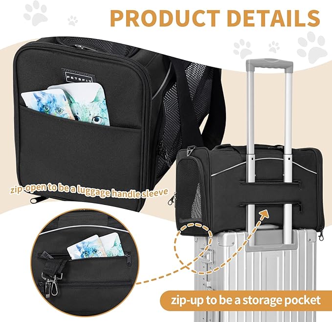 ‌Petsfit Airline Approved Pet Carrier for Small Cats, 16.5x8.6x11 TSA Approved Carrier, with Removable Dual-Sided Padding (2-Way Placement) - Fits Under Most Airplane Seats, Escape Proof (Black)