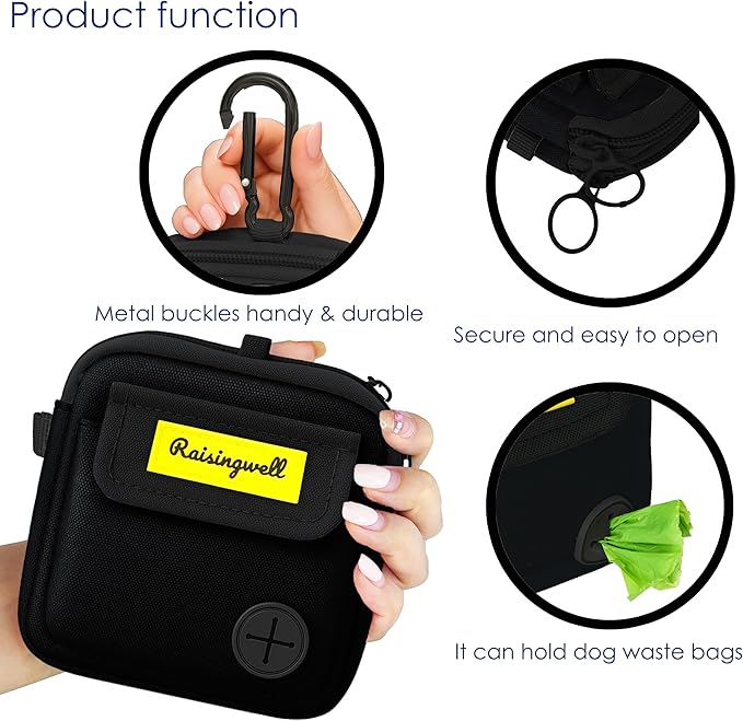 Dog Treat Pouch for Pet Walking and Training with Clicker, Poop Bags, and Three Bags Design Small Fanny Zipper Pack Holder for Puppy Snack Dispenser Kit for Leash and Outdoor Use (Black)