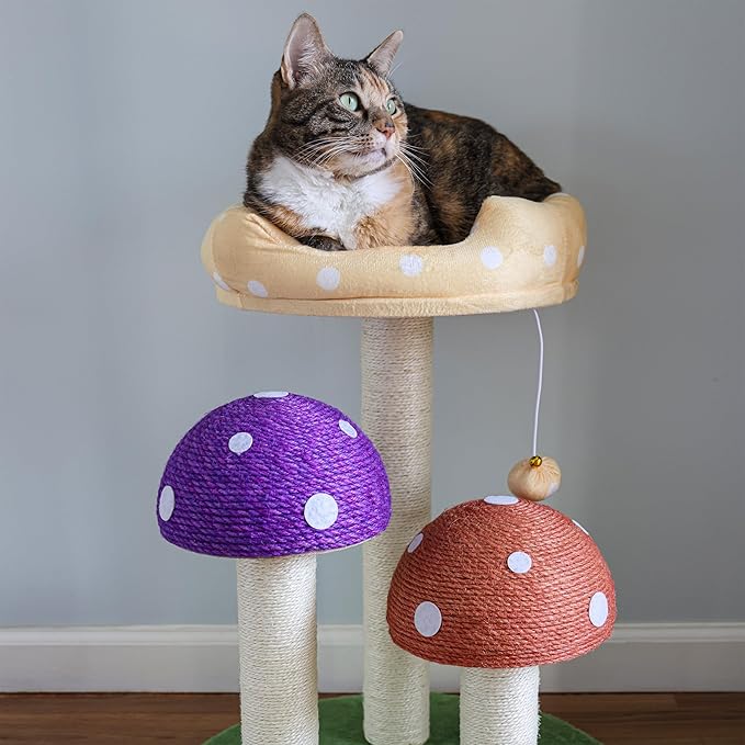 CTR1001A Pixie 22.5" 3-Tier Cottage Sisal Mushroom Cat Tree with Scratching Posts, Napping Perch, and Dangling Bell Toy, Multi