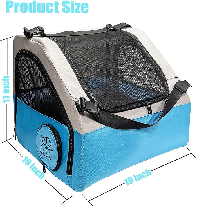Small Portable Pet Crate for Car Travel, 19"x19"x17" Foldable Dog & Cat Carrier with Secures Seatbelt & Headrest Strap, Oxford Soft-Sided Pet Kennel with Removable Bed for Small Pets